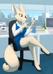  2018 5_fingers aggressive_retsuko anthro canine clothed clothing detailed_background digital_media_(artwork) female fennec fenneko fox infinitedge2u mammal office sanrio sitting smile solo 