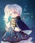  blue_cape blue_dress blue_eyes cape commentary_request dress ecru korean_commentary ponytail rwby scar scar_across_eye solo star twitter_username weiss_schnee white_hair younger 