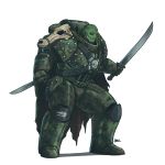  alligator anthro armor blazbaros cape cloak clothing crocodile crocodilian dual_wielding fangs holding_object holding_weapon humanoid humanoid_hands knife machete machine male melee_weapon power_armor reptile scales scalie scar sharp_teeth skull solo standing straps studs sword symbol teeth torn_clothing warhammer_(franchise) weapon 