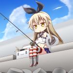  :3 anchor_hair_ornament black_hairband blonde_hair blue_skirt blue_sky cloud commentary_request day elbow_gloves fishing fishing_rod gloves hair_ornament hairband highres iganseijin kantai_collection long_hair navel outdoors rensouhou-chan shimakaze_(kantai_collection) sitting skirt sky solo striped striped_legwear thighhighs white_gloves yellow_eyes 