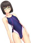  1girl absurdres black_eyes black_hair blue_swimsuit cameltoe collarbone competition_swimsuit dutch_angle flat_chest gluteal_fold green-framed_eyewear highres looking_at_viewer multicolored multicolored_clothes multicolored_swimsuit one-piece_swimsuit original short_hair simple_background solo standing swimsuit takafumi white_background 