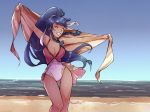  ana_rui beach blue_eyes blue_hair blush braid breasts day fire_emblem fire_emblem:_seima_no_kouseki fire_emblem_heroes highres long_hair one-piece_swimsuit open_mouth pegasus_knight ponytail smile solo swimsuit tana towel twin_braids water 