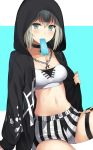  aoba_moka asato_(fadeless) bang_dream! bangs black_choker black_jacket blue_eyes bra chain_necklace choker commentary_request food food_in_mouth grey_hair highres hood hood_up hooded_jacket jacket jewelry long_sleeves looking_at_viewer mouth_hold o-ring paint_stains pendant popsicle shorts sitting solo splatter_print striped striped_shorts thigh_strap underwear vertical-striped_shorts vertical_stripes white_bra 