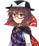  black_cape black_hat bow brown_eyes brown_hair cape commentary_request e.o. eyebrows_visible_through_hair fedora glasses hair_between_eyes hat hat_bow long_sleeves looking_at_viewer plaid plaid_vest purple_vest red-framed_eyewear shirt short_hair simple_background smile solo touhou upper_body usami_sumireko vest white_background white_bow white_shirt 