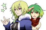  1girl ahoge alternate_costume alternate_hair_length alternate_hairstyle blush breasts brera_sterne brother_and_sister cero_(cerocero) genderswap genderswap_(ftm) genderswap_(mtf) green_hair looking_at_viewer macross macross_frontier ranka_lee red_eyes scarf short_hair siblings 