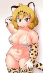  :/ abs animal_ears arm_at_side arm_behind_head bare_shoulders bikini blonde_hair breasts brown_eyes cleavage closed_mouth collarbone commentary_request cowboy_shot elbow_gloves eyebrows_visible_through_hair gabyo_nuno gloves highres hips jaguar_(kemono_friends) jaguar_ears jaguar_print jaguar_tail kemono_friends looking_at_viewer medium_breasts micro_bikini navel print_gloves print_legwear short_hair skindentation solo standing stomach swimsuit tail thighhighs toned white_bikini 