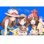  ayumi_(pokemon) bare_shoulders baseball_cap beanie black_hair blue_(pokemon) blue_shirt blush brown_eyes closed_mouth commentary_request eevee gen_1_pokemon hat long_hair meowth mizuki_(pokemon) multiple_girls one_eye_closed open_mouth pikachu pokemon pokemon_(creature) pokemon_(game) pokemon_frlg pokemon_lgpe pokemon_sm red_hat shirt short_hair short_sleeves sleeveless sleeveless_shirt smile tied_shirt translated white_hat zuizi 