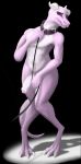  anthro balls benign_light collar embarrassed foreskin girly humanoid_penis male penis pink_skin purple_eyes savra_rodochrous scalie simple_background solo 