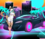  2018 anthro bottomless bracelet breasts clothed clothing detailed digital_media_(artwork) feline female grin hair huntressgammerz jewelry long_hair looking_at_viewer mammal mclaren neon_lights nipples pussy signboard smile sports_car standing vaporwave 