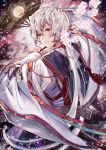  brown_eyes cherry_blossoms fan floating_hair flower from_behind hamaru_log head_tilt highres holding japanese_clothes kimono long_hair looking_at_viewer looking_back male_focus original parted_lips pink_flower red_ribbon ribbon silver_hair smile solo very_long_hair 