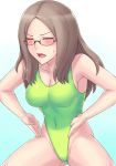  ass_visible_through_thighs bare_arms bare_shoulders blush breasts collarbone covered_navel eyebrows_visible_through_hair glasses green_leotard groin hai_(h81908190) haigure_pose highleg highleg_leotard large_breasts leotard light_brown_hair long_hair medium_breasts open_mouth original semi-rimless_eyewear solo teeth under-rim_eyewear v-shaped_eyebrows 