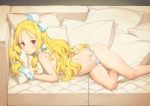  absurdres bangs bare_shoulders bikini blonde_hair bow breasts choker couch detexted drill_hair eromanga_sensei gloves hair_ribbon highres long_hair looking_at_viewer lying navel on_side ooyari_ashito parted_bangs petite pillow pink_eyes pointy_ears ribbon ribbon_choker scan shiny shiny_skin side-tie_bikini skindentation small_breasts solo stitched sweat swimsuit third-party_edit white_bikini white_gloves yamada_elf 