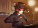  2018 ? brown_hair chopsticks clothed clothing confusion cute digital_media_(artwork) eating food freckles fur hair hazelmere hi_res hoodie kati male mammal orange_fur red_panda sitting solo sushi white_fur 