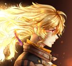  belt blonde_hair burning closed_mouth floating_hair from_side glowing glowing_hair hair_undone insertsomthinawesome light_trail lips long_hair portrait profile purple_ribbon red_eyes ribbon rwby solo yang_xiao_long 