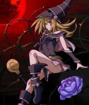  absurdres bare_shoulders blonde_hair blue_footwear blush_stickers boots breasts choker cleavage commentary_request dark_magician_girl duel_monster flower green_eyes hat highres long_hair moon pentacle shot_(shot0598) solo staff wand wizard_hat yuu-gi-ou yuu-gi-ou_duel_monsters 