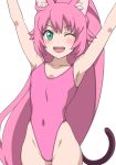  ;d animal_ears aqua_eyes arms_up bangs bare_shoulders blush cat_ears cat_tail collarbone covered_navel cowboy_shot eyebrows_visible_through_hair groin gundam gundam_build_divers hai_(h81908190) highleg highleg_leotard leotard looking_at_viewer momo_(gundam_build_divers) one_eye_closed open_mouth pink_hair pink_leotard simple_background smile solo tail teeth white_background yashiro_momoka 