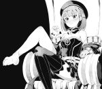  barefoot black_background blush breasts commentary_request detached_collar fate/grand_order fate_(series) greyscale hat helena_blavatsky_(fate/grand_order) monochrome short_hair single_thighhigh sitting small_breasts smile sumisu_(mondo) sweat thighhighs throne 