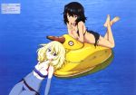  absurdres amx-40 andou_(girls_und_panzer) ass bangs bare_shoulders barefoot bikini black_bikini black_hair blonde_hair blue_eyes breasts brown_eyes cleavage collarbone crossed_arms dark_skin eyebrows_visible_through_hair eyes_visible_through_hair feet flag_print france french_flag french_flag_bikini girls_und_panzer ground_vehicle hair_between_eyes halter_top halterneck highres inflatable_toy itou_takeshi looking_at_viewer lying mc_axis medium_breasts medium_hair military military_vehicle motor_vehicle multiple_girls navel official_art on_stomach oshida_(girls_und_panzer) partially_submerged shiny shiny_hair side-tie_bikini smile soles swimming swimsuit tank the_pose water 