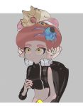  1girl afro asymmetrical_sleeves black_shirt carrying conductor_namako crown grey_background hime_(splatoon) octarian octoling ows28888888 pointy_ears red_hair sea_cucumber shirt short_hair shoulder_carry simple_background splatoon_(series) splatoon_2 splatoon_2:_octo_expansion squidbeak_splatoon sweater tag tentacle_hair turtleneck yellow_eyes 