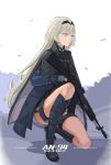  an-94 an-94_(girls_frontline) artist_name assault_rifle bare_legs blonde_hair blue_eyes boots cape character_name chinese_commentary commentary_request dated girls_frontline gun headband highres holding holding_weapon jacket long_hair looking_to_the_side one_knee rifle sima_naoteng simple_background thigh_strap weapon 