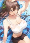  :d arm_up armpits bike_shorts blue_eyes breasts breath brown_hair cleavage commentary_request crop_top dutch_angle foreshortening granblue_fantasy hair_between_eyes hairband highres kakage large_breasts long_hair looking_at_viewer lying midriff navel on_back open_mouth rosetta_(granblue_fantasy) shirt smile solo sweat tank_top taut_clothes taut_shirt very_long_hair wet wet_clothes wet_shirt 