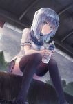  bangs black_legwear blue_eyes bottle bus_stop commentary frown headband holding holding_bottle light_blush looking_at_viewer medium_hair miniskirt necktie original overcast pleated_skirt rain school_uniform serafuku shirt silver_hair skirt solo thighhighs two_side_up water_bottle wet wet_clothes wet_hair wet_legwear wet_shirt wet_skirt windfeathers 