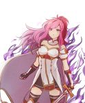  aura bare_shoulders black_legwear cape celica_(fire_emblem) celica_(fire_emblem)_(cosplay) commentary_request cosplay dark_aura detached_collar dress fingerless_gloves fire_emblem fire_emblem:_seima_no_kouseki fire_emblem_echoes:_mou_hitori_no_eiyuuou fire_emblem_heroes gloves highres holding holding_sword holding_weapon hzokki long_hair marica_(fire_emblem) ponytail purple_eyes purple_hair simple_background solo sword thighhighs weapon white_background white_dress zettai_ryouiki 