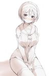  between_legs blush breasts choker commentary detached_sleeves hairband hand_between_legs highres kantai_collection large_breasts monochrome natori_(kantai_collection) short_hair sketch solo sumisu_(mondo) tears thighhighs wavy_mouth 