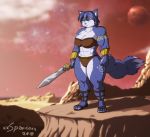  2018 anthro big_breasts black_nose blue_fur blue_hair breasts canine clothed clothing crown dipstick_tail female fox fur green_eyes hair huge_thighs krystal mammal markings melee_weapon moon multicolored_tail muscular muscular_female night nintendo short_hair signature skimpy sky solo star_fox sword tattoo tiara tribal tribal_markings video_games warrior weapon white_fur xxsparcoxx 