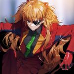  adapted_costume arm_support artist_name bangs black_gloves black_shirt blazer blue_eyes blurry breasts buttons closed_mouth collared_shirt couch crossdressing depth_of_field dress_shirt evangelion:_3.0_you_can_(not)_redo eyepatch gloves green_neckwear hair_between_eyes headgear indoors jacket knee_up leaning_back long_hair long_sleeves looking_at_viewer multicolored multicolored_clothes multicolored_gloves necktie neon_genesis_evangelion on_couch one_eye_covered orange_hair pants plugsuit rebuild_of_evangelion red_gloves red_jacket red_pants red_suit shikinami_asuka_langley shirt sitting small_breasts solo souryuu_asuka_langley sukja tie_clip very_long_hair 