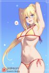  :d armpits arms_up bikini blonde_hair blue_eyes border braid breasts choker commentary_request covered_nipples cowboy_shot darkness_(konosuba) greem_bang hair_between_eyes hair_ornament heart high_ponytail kono_subarashii_sekai_ni_shukufuku_wo! korean_commentary large_breasts long_hair looking_at_viewer navel open_mouth patreon_logo patreon_username side-tie_bikini sidelocks simple_background smile solo spoken_heart swimsuit underboob very_long_hair x_hair_ornament yellow_bikini 