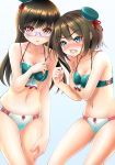  absurdres adapted_costume angry aqua_bikini aqua_hat beret bikini blue_eyes breasts brown_hair choukai_(kantai_collection) cleavage cowboy_shot green_bikini_top hair_ornament hairclip hat highres kantai_collection looking_at_viewer makura_(user_jpmm5733) maya_(kantai_collection) mini_hat mismatched_bikini multiple_girls remodel_(kantai_collection) short_hair simple_background swimsuit white_background white_bikini_bottom x_hair_ornament 