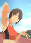  arm_up armpits bare_arms bare_shoulders black_eyes black_hair blue_sky blurry blurry_background blush breasts closed_mouth cloud collarbone day eyebrows_visible_through_hair hand_behind_head hand_on_head highres medium_breasts midriff milele original outdoors short_hair sky smile solo sports_bra sweat track_and_field track_uniform upper_body 