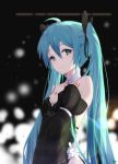  ahoge aqua_eyes aqua_hair collar hair_between_eyes hatsune_miku highres long_hair looking_at_viewer solo tattoo twintails upper_body very_long_hair vocaloid zhayin-san 