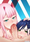  2girls bangs blue_eyes blue_hair darling_in_the_franxx eyebrows_visible_through_hair fellatio green_eyes hair_ornament hairclip hand_on_another's_head hetero ichigo_(darling_in_the_franxx) long_hair looking_at_viewer multiple_girls neocoill oral penis pink_hair pov red_horns saliva sucking_testicles zero_two_(darling_in_the_franxx) 
