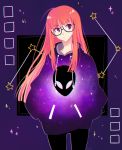  artist_name bangs black-framed_eyewear black_pants blunt_bangs cowboy_shot eyebrows_visible_through_hair floating_hair glasses hands_in_pockets head_tilt long_hair looking_at_viewer mao_(expuella) orange_hair pants persona persona_5 purple_background purple_sweater sakura_futaba semi-rimless_eyewear solo standing sweater under-rim_eyewear very_long_hair 