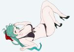  bare_legs bikini black_bikini bow braid breasts folded_leg french_braid front-tie_bikini front-tie_top full_body green_eyes green_hair grey_background hair_bow high_heels irako_(kantai_collection) kantai_collection large_breasts long_hair lying navel ojipon on_back ponytail side_braid simple_background smile solo stiletto_heels swimsuit 