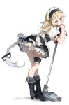  ass bad_leg black_footwear blonde_hair blue_eyes boots bow braid crossed_legs frills g36_(girls_frontline) girls_frontline highres leaning_forward leg_garter long_hair looking_at_viewer maid maid_headdress mop puffy_short_sleeves puffy_sleeves short_sleeves shuzi single_braid skirt solo standing 