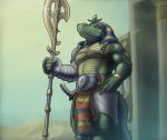  2018 5_fingers anthro armor axe biceps biped clothed clothing corrsk crocodile crocodilian dagger day deity detailed_background digital_media_(artwork) egyptian egyptian_mythology hi_res holding_object holding_weapon male melee_weapon muscular muscular_male outside pecs reptile scales scalie sky sobek solo standing weapon 