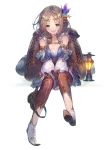  armlet atelier_(series) atelier_firis backpack bag benitama boots braid brown_hair commentary firis_mistlud frills gloves green_eyes hair_ornament highres jewelry knife lantern long_hair looking_at_viewer open_mouth simple_background skirt solo thighhighs tiara weapon white_background 