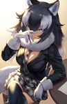  animal_ears black_hair black_legwear blazer blue_eyes breasts cleavage commentary_request crossed_legs fang_out from_above gloves grey_wolf_(kemono_friends) guchico hair_between_eyes hand_to_own_mouth heterochromia jacket kemono_friends long_hair long_sleeves looking_at_viewer medium_breasts multicolored_hair necktie pencil plaid plaid_neckwear plaid_skirt pleated_skirt sitting skirt solo tail thighhighs two-tone_hair white_gloves wolf_ears wolf_tail yellow_eyes zettai_ryouiki 