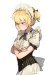  :t alternate_costume bangs black_neckwear blonde_hair blouse blush braid breasts closed_mouth collared_blouse commentary corset crossed_arms enmaided eyebrows_visible_through_hair frills girls_frontline green_eyes looking_down maid maid_headdress medium_breasts playing_games pout puffy_short_sleeves puffy_sleeves short_hair short_sleeves shuzi sidelocks simple_background skirt solo symbol_commentary tsurime twintails upper_body welrod_mk2_(girls_frontline) white_background white_skirt 