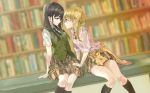  aihara_mei aihara_yuzu bangs black_eyes black_hair black_legwear black_neckwear blonde_hair blurry blurry_background bookshelf bow bowtie braid citrus_(saburouta) commentary_request dutch_angle eye_contact face-to-face fujisaki_ribbon hair_over_shoulder hand_on_another's_leg highres kneehighs leaning library long_hair looking_at_another multiple_girls necktie pink_shirt plaid plaid_skirt red_neckwear school_uniform shirt short_sleeves single_braid sitting skirt step-siblings sweater_vest yuri 