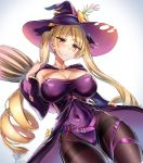 absurdres azur_lane bat_hair_ornament belt blonde_hair blue_background blush bow breasts brooch broom brown_legwear cape cleavage coda_(simon1995) collarbone commentary_request detached_sleeves eyebrows_visible_through_hair flask food_themed_hair_ornament gradient gradient_background hair_ornament halloween hat hat_bow highres jewelry large_breasts leotard lips long_hair looking_at_viewer nelson_(azur_lane) pantyhose potion pumpkin_hair_ornament purple_leotard red_eyes solo thighband_pantyhose twintails very_long_hair witch witch_hat 