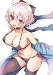  ahoge ayuma_sayu bikini black_bikini black_bow black_legwear black_scarf blush bow breasts collarbone commentary_request fang fate/grand_order fate_(series) haori japanese_clothes koha-ace large_breasts legs_folded looking_at_viewer off_shoulder okita_souji_(fate) okita_souji_(fate)_(all) open_clothes open_mouth platinum_blonde_hair scarf short_hair side-tie_bikini simple_background solo swimsuit thighhighs white_background yellow_eyes 