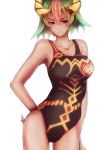  3: adapted_costume backlighting bangs bare_arms bare_shoulders breasts casual_one-piece_swimsuit cleavage closed_mouth commentary_request cowboy_shot dark_skin eyelashes fire_emblem fire_emblem_heroes green_hair half-closed_eyes hand_on_hip laegjarn_(fire_emblem_heroes) large_breasts multicolored_hair oka_(umanihiki) one-piece_swimsuit orange_hair parted_bangs red_eyes short_hair simple_background solo streaked_hair swimsuit two-tone_hair v-shaped_eyebrows white_background 