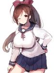 ;) alternate_costume bow breasts brown_hair commentary cowboy_shot hair_bow hair_ornament hairclip hand_on_hip hand_on_own_thigh highres impossible_clothes impossible_shirt kantai_collection large_breasts long_hair mamiya_(kantai_collection) navy_blue_sailor_collar navy_blue_skirt one_eye_closed pleated_skirt ponytail red_bow red_neckwear red_ribbon ribbon school_uniform serafuku shirt skirt smile solo sumisu_(mondo) 