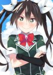  brown_hair commentary_request crossed_arms elbow_gloves gloves green_eyes hair_between_eyes hair_ribbon kantai_collection long_hair looking_at_viewer ribbon single_elbow_glove single_glove smile solo star star-shaped_pupils symbol-shaped_pupils tonari_no_kai_keruberosu tone_(kantai_collection) twintails white_ribbon 