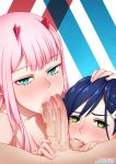  2girls bangs blue_eyes blue_hair blush cum cum_in_mouth darling_in_the_franxx eyebrows_visible_through_hair fellatio green_eyes hair_ornament hairclip hand_on_another's_head hetero ichigo_(darling_in_the_franxx) long_hair looking_at_viewer multiple_girls neocoill oral penis pink_hair pov red_horns saliva sucking_testicles zero_two_(darling_in_the_franxx) 