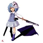  boots flashbang heterochromia hockey_mask holding holding_weapon machete moizumi saw_blade shaded_face shadow tatara_kogasa touhou weapon 